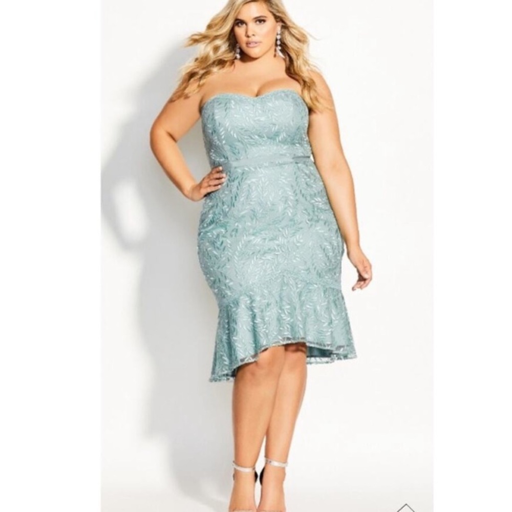 City Chic Seafoam Green Strapless Lace Mermaid Dress